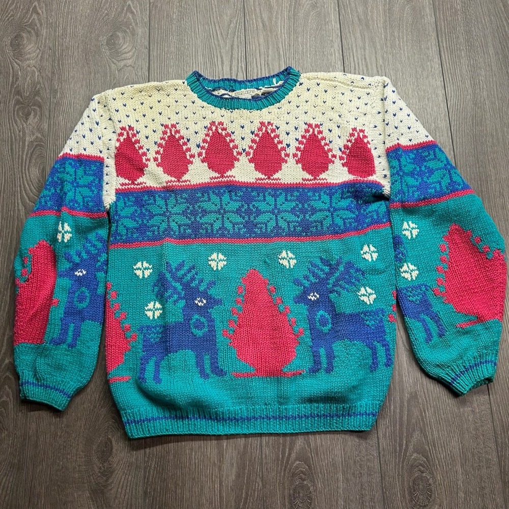 Heirlooms Vintage Handknit Cotton Large Reindeer Snowflake Sweater Teal Pink
